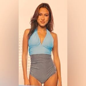 CRANE TUMMY TONING TURQUOISE B&W STRIPE ONE PC SWIM BATHING SUIT L NWT